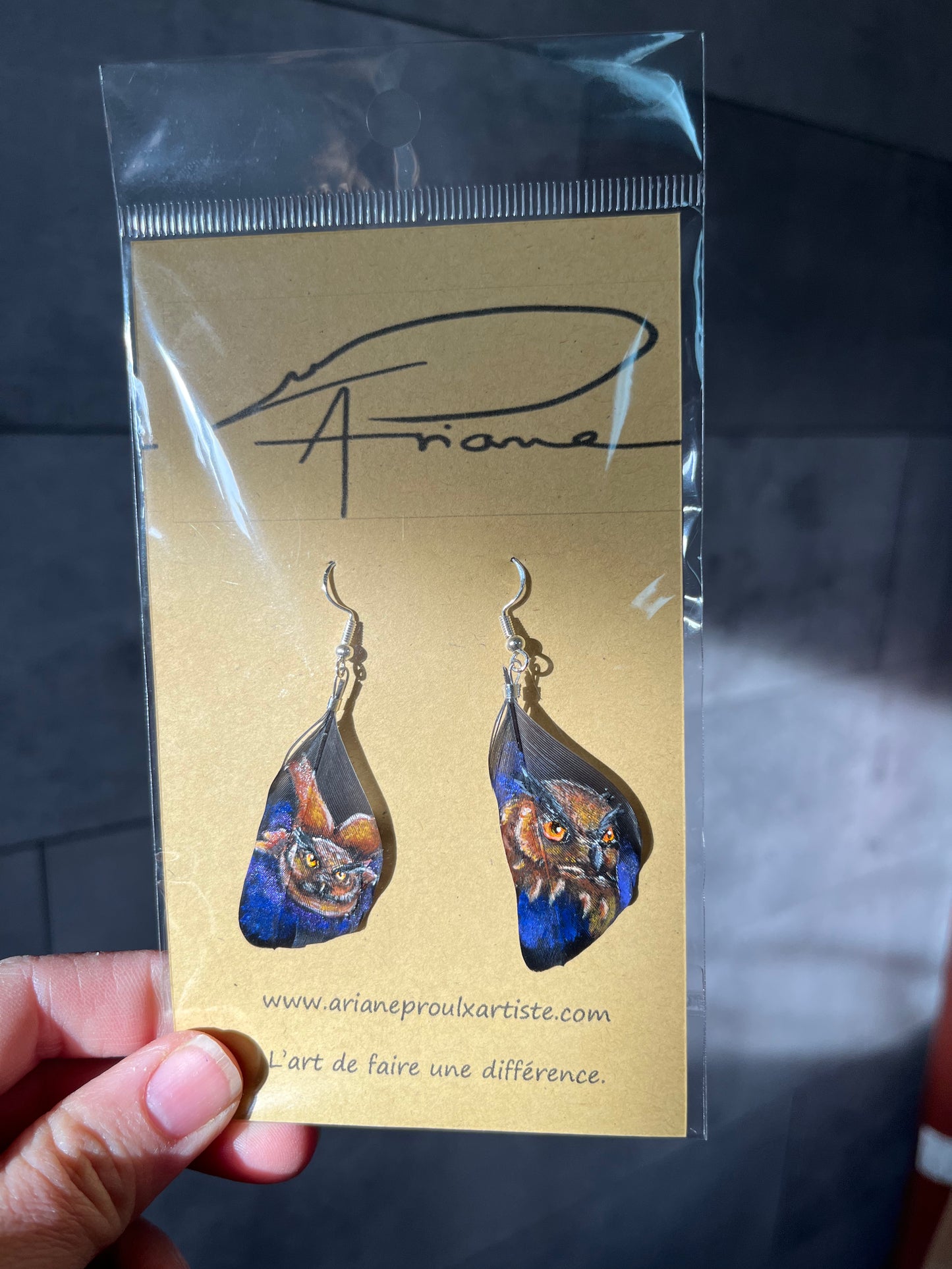 Boucles d’oreilles- hibou fond bleu