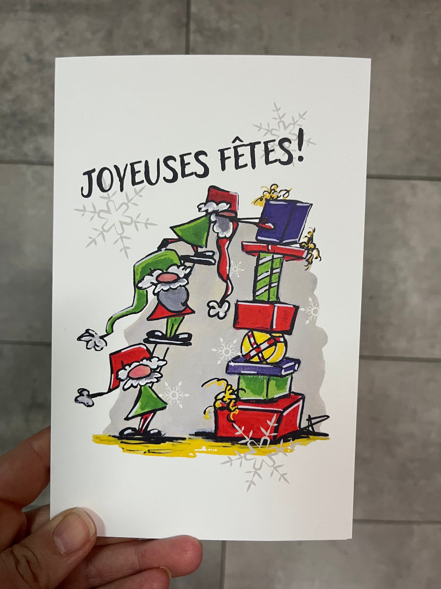 Carte de Noël - lutins et cadeaux